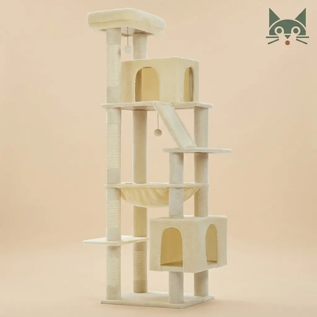 arbre à chat stable beige avec plateformes et niches multiniveaux pour chat