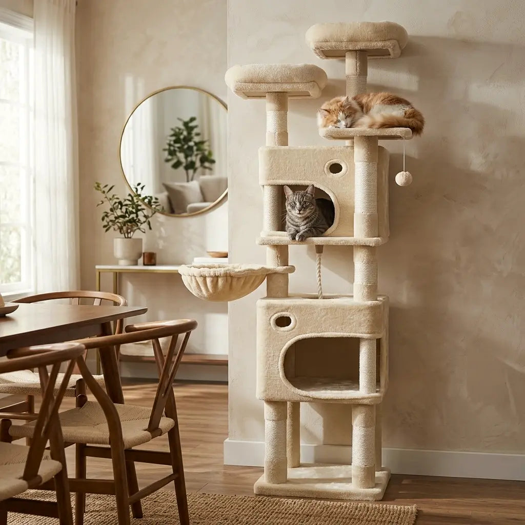 arbre à chat stable beige avec plateformes et niches dans un salon cosy avec deux chats
