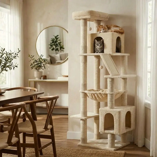 arbre à chat stable beige avec plateformes et niches dans un salon cosy avec deux chats