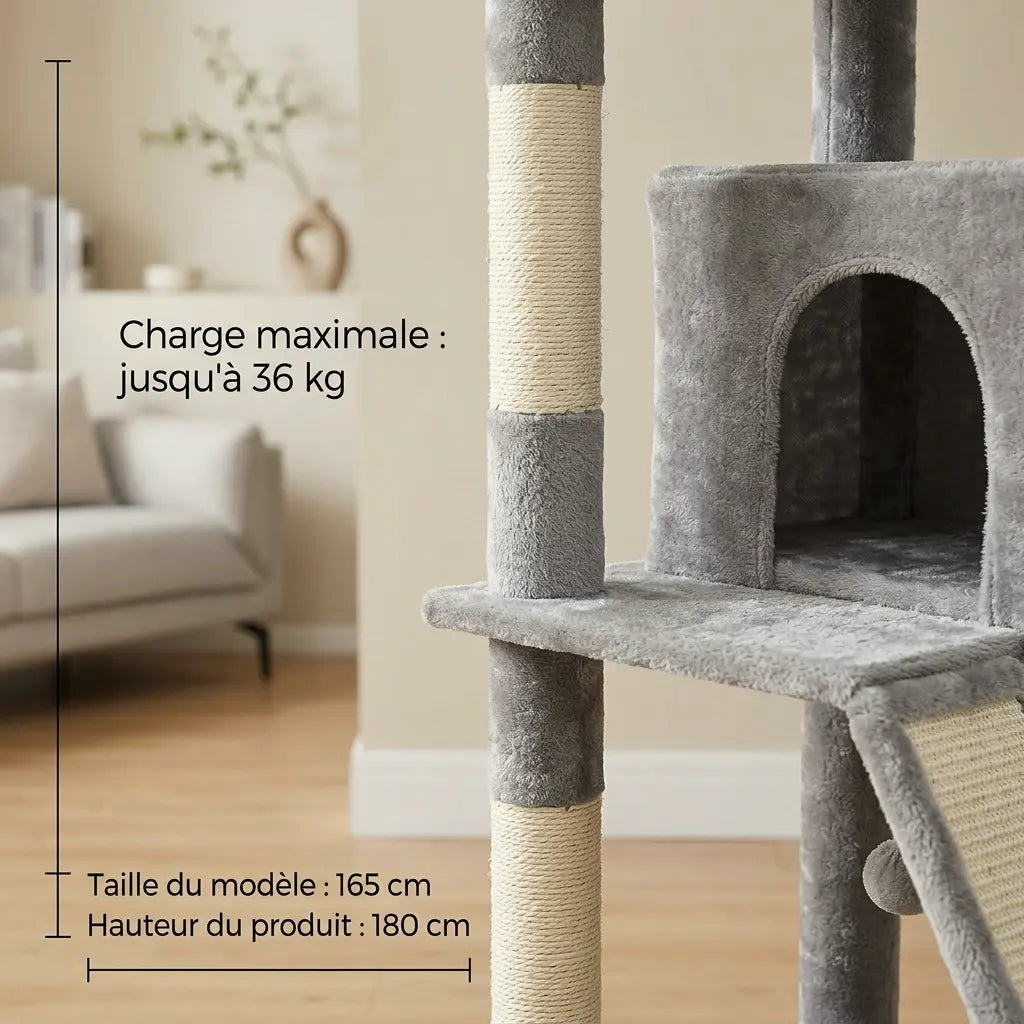arbre à chat stable avec structure renforcée supportant jusqu’à 36 kg avec poteaux en sisal