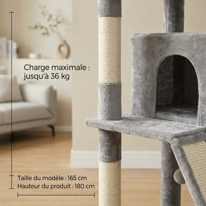 arbre à chat stable avec structure renforcée supportant jusqu’à 36 kg avec poteaux en sisal