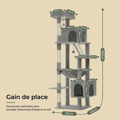 Dimensions de l’arbre à chat stable : hauteur totale de 180 cm, base compacte de 55 x 45 cm