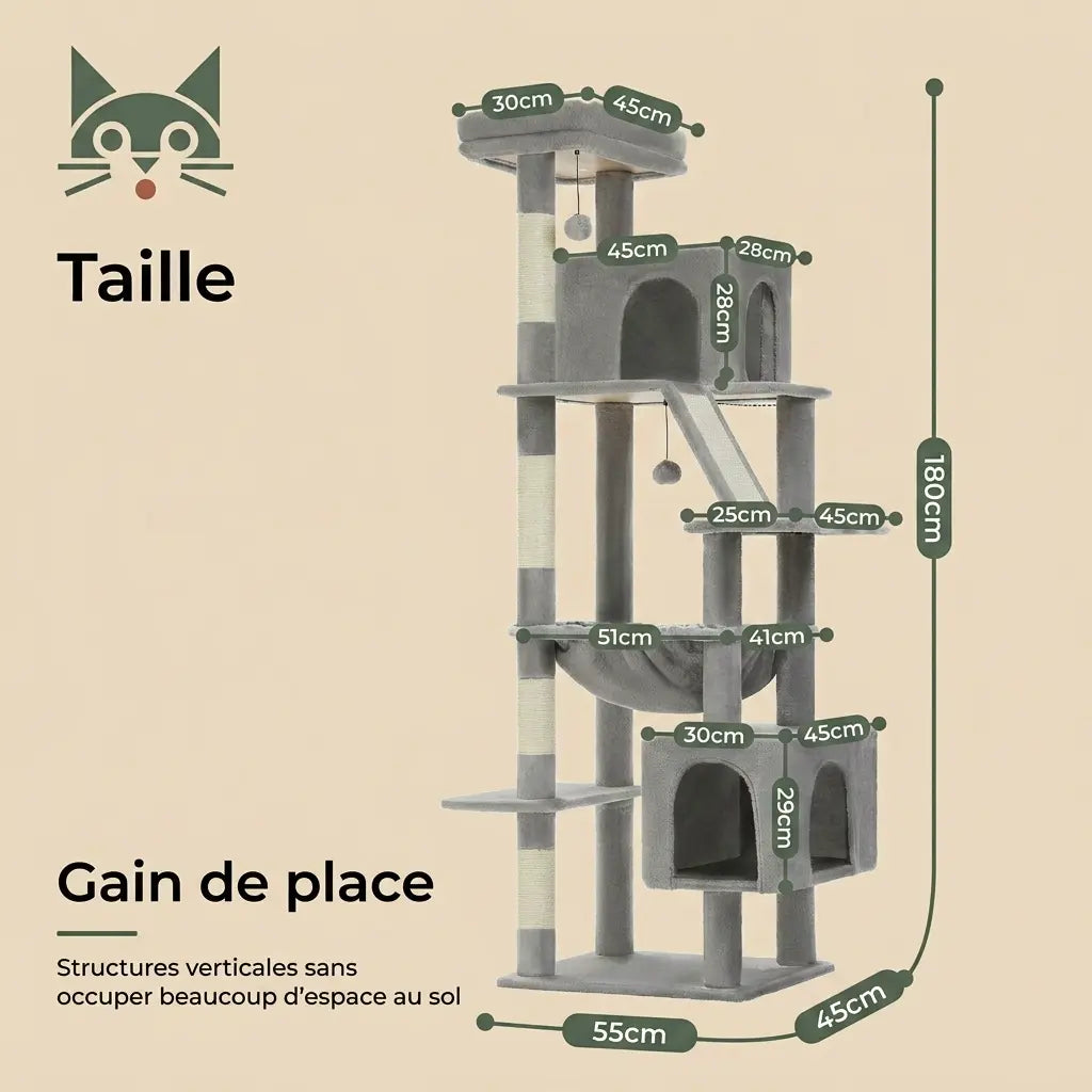 arbre à chat stable avec dimensions détaillées design vertical gain de place pour intérieur