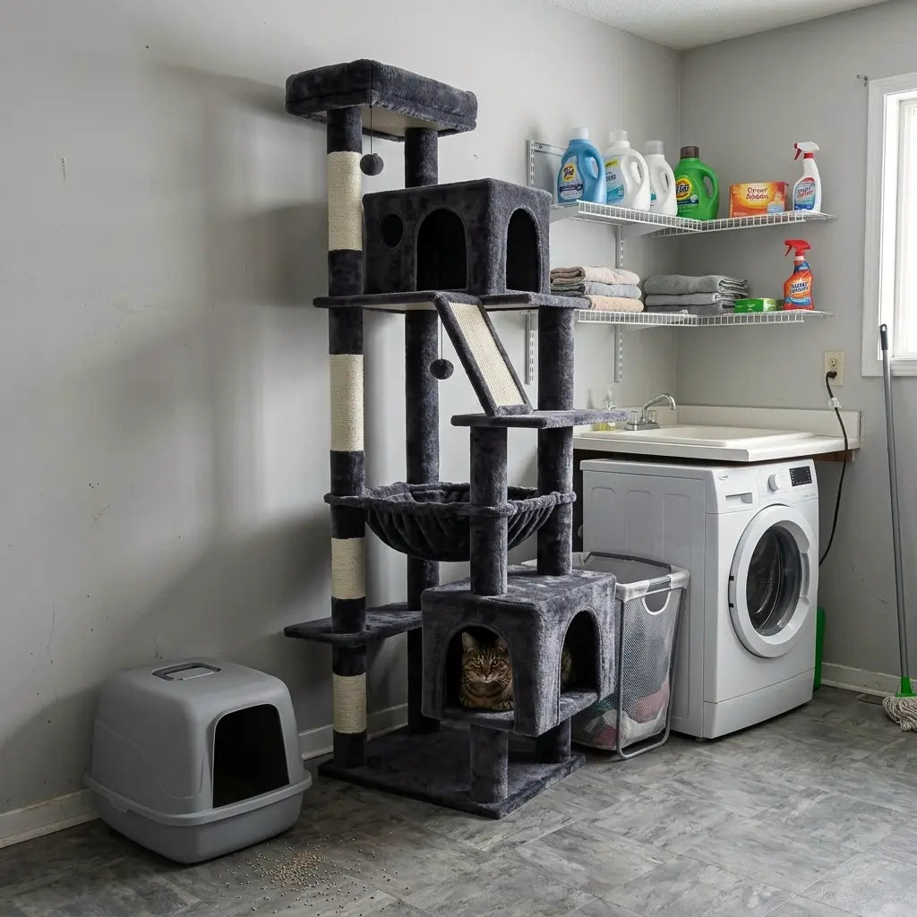 arbre à chat stable gris avec niches et plateformes dans une buanderie avec machine à laver
