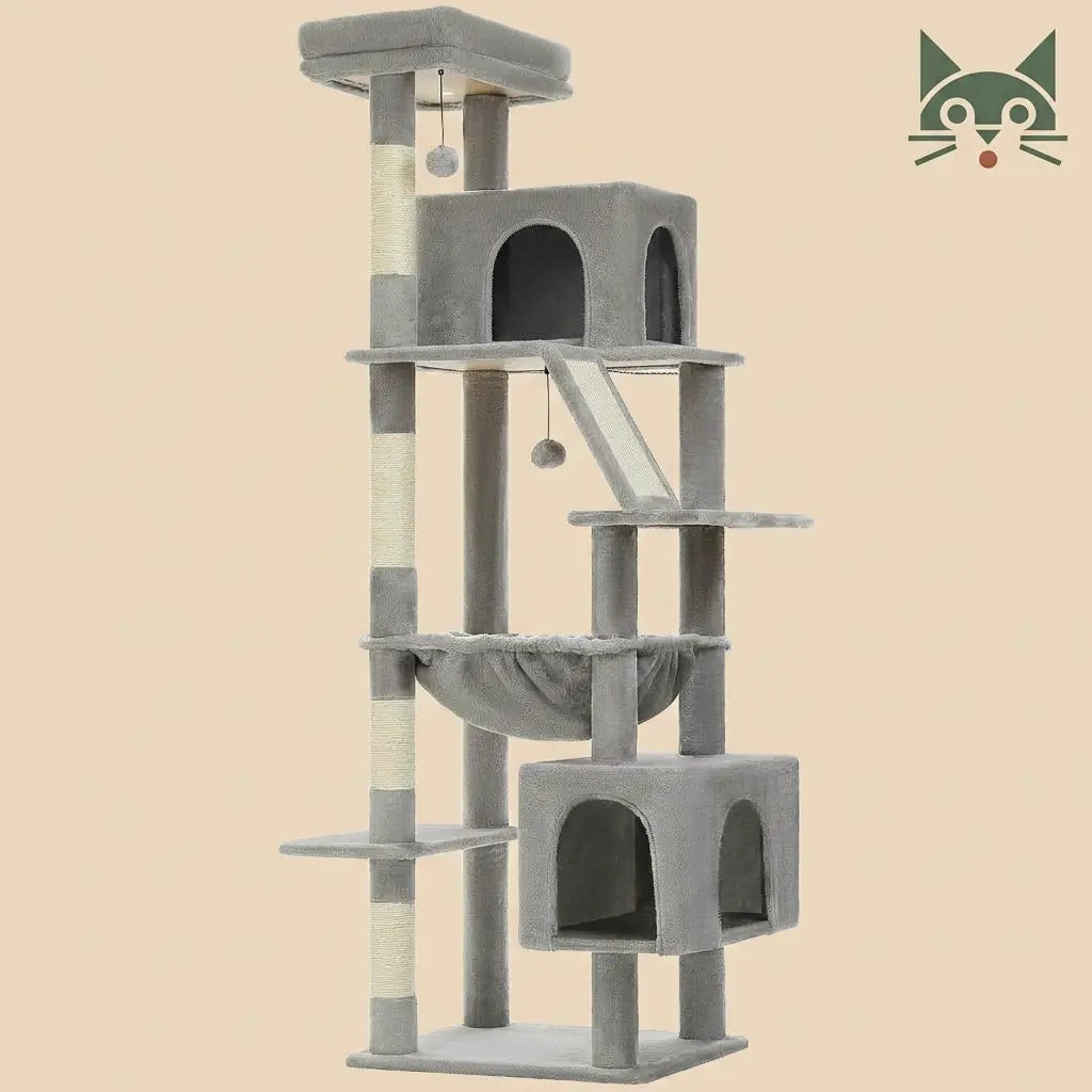 arbre à chat stable gris clair multifonction avec hamac niches et poteaux en sisal