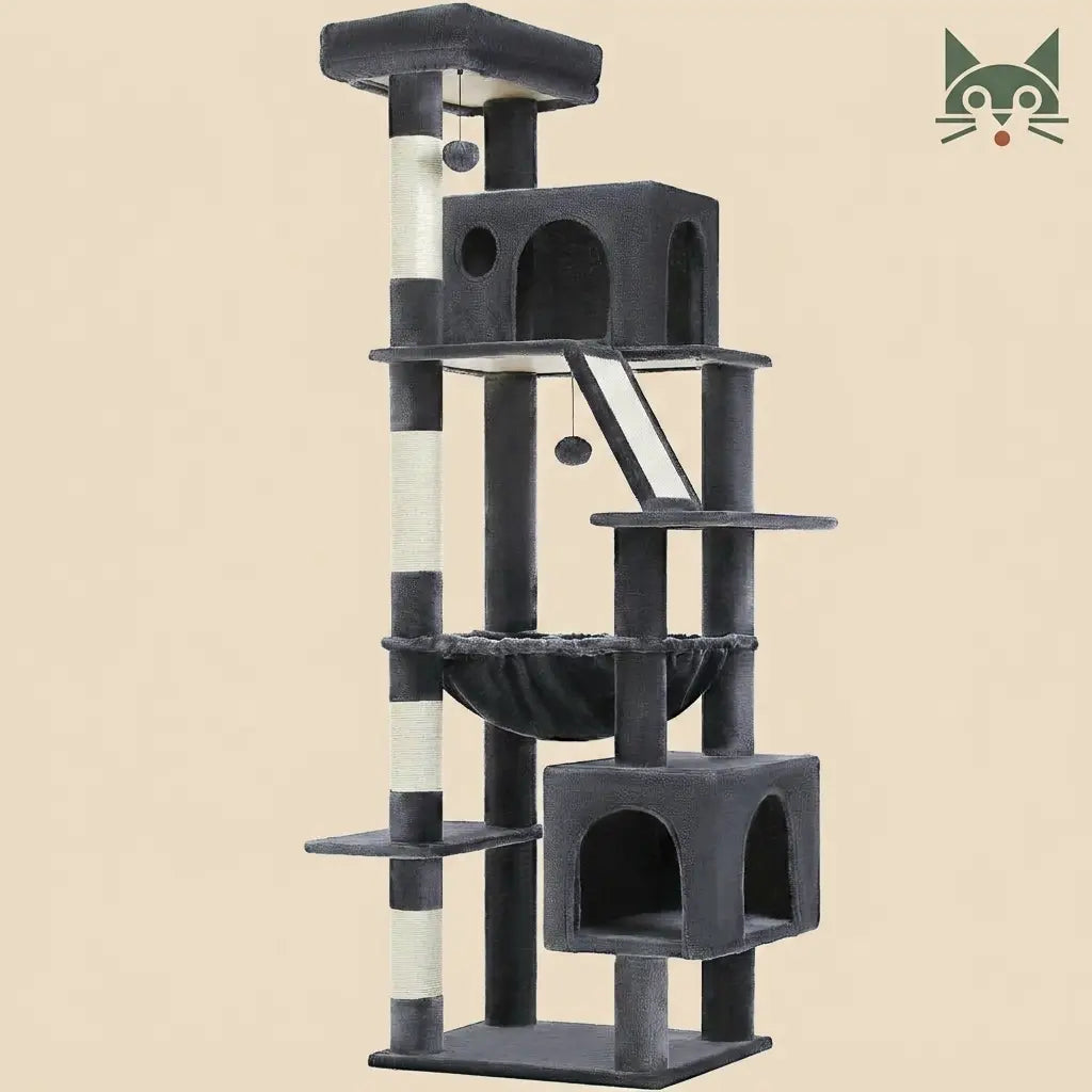 arbre à chat stable gris foncé avec niches multiples hamac et plateformes pour chat