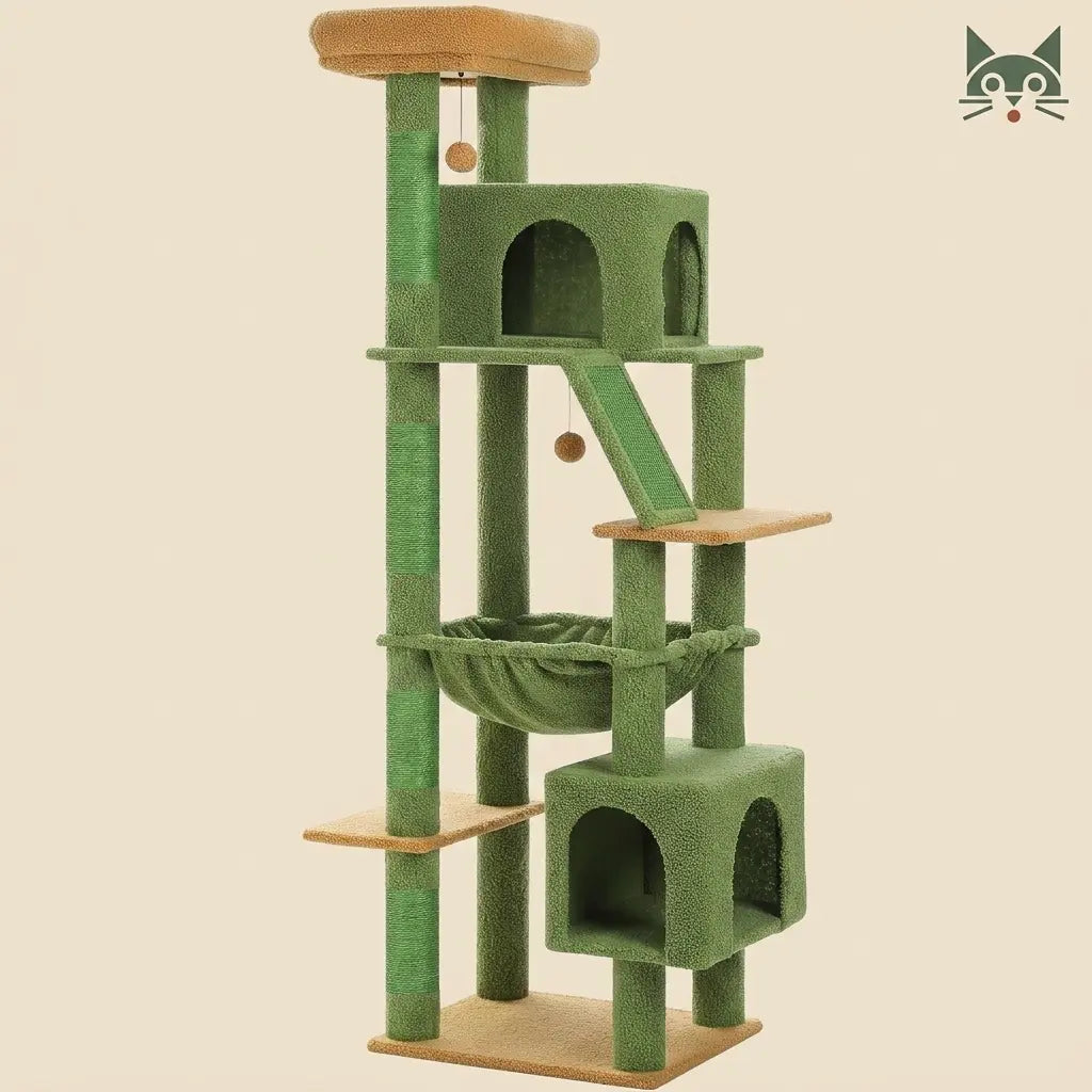 arbre à chat stable vert avec plateformes niches et hamac design original pour intérieur