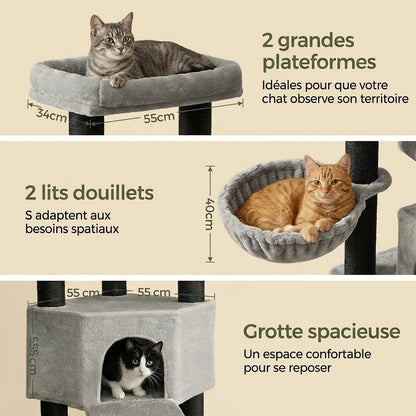 Dimensions détaillées d’un arbre à chat très grand avec plateformes panoramiques, niche et couchages suspendus