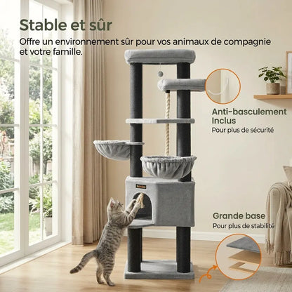 Arbre à chat très grand avec base renforcée et système anti-basculement pour une stabilité maximale