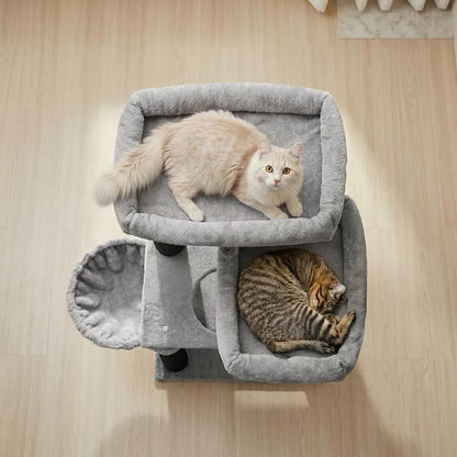 Vue du dessus d’un arbre à chat très grand avec plateformes de repos et paniers suspendus pour chats