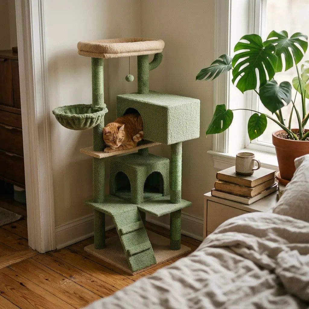 Arbre à chat vert avec niches et hamac placé dans une chambre lumineuse