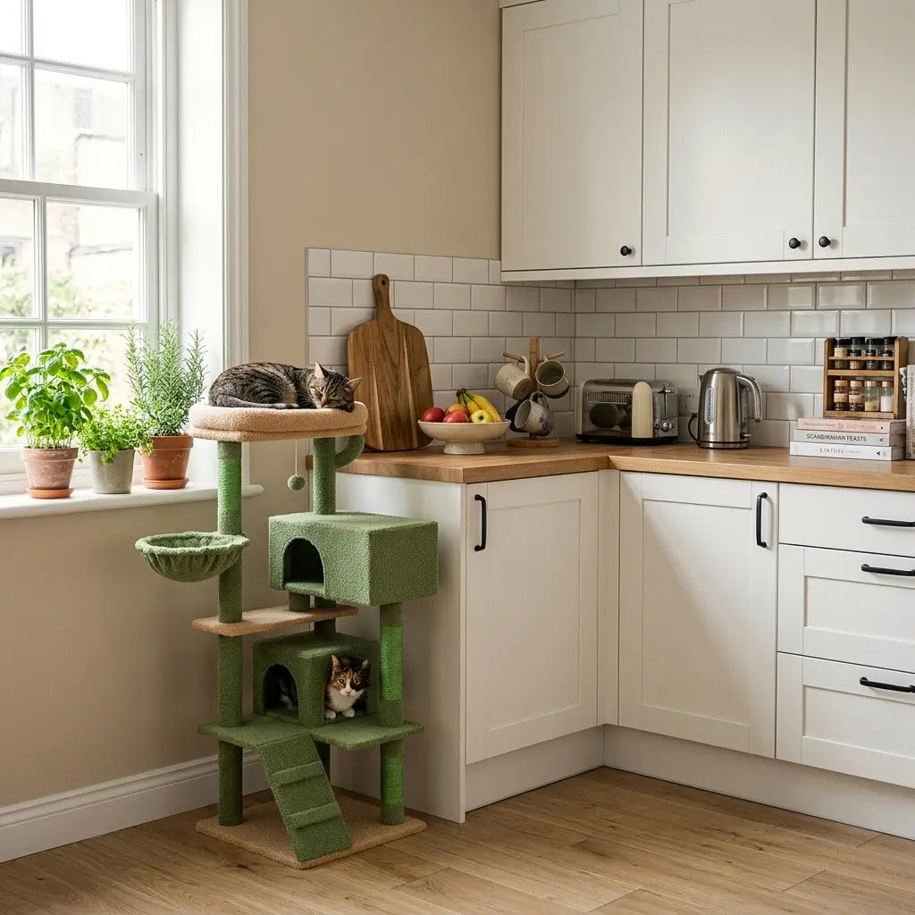 Arbre à chat vert installé dans une cuisine moderne avec chat au repos sur la plateforme supérieure