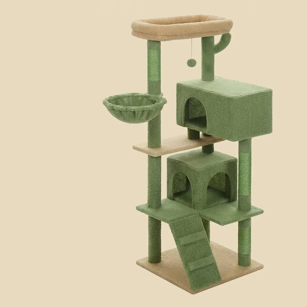 Arbre à chat vert avec hamac, niches et plateforme d'observation pour chats d'intérieur
