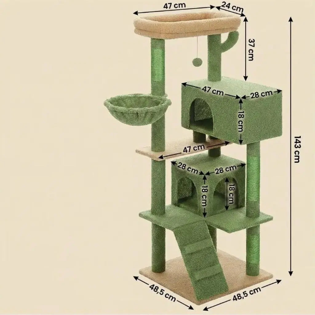 Arbre à chat vert avec niches, hamac et plateforme en hauteur – dimensions 143 cm