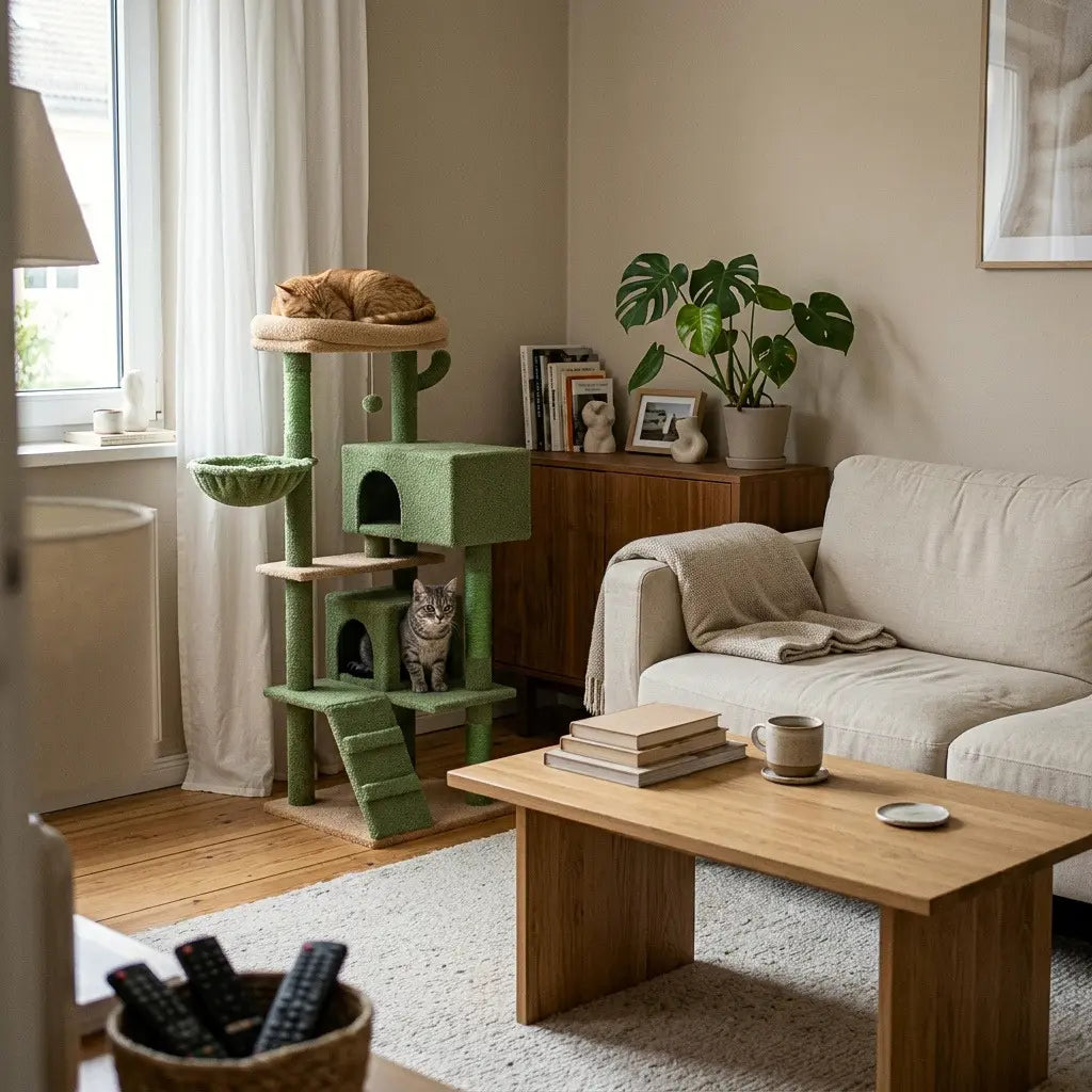 Arbre à chat vert design dans un salon moderne avec plusieurs espaces de repos pour chat