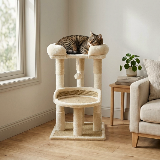 arbre à chat de luxe avec chat allongé sur plateforme moelleuse et griffoirs en sisal