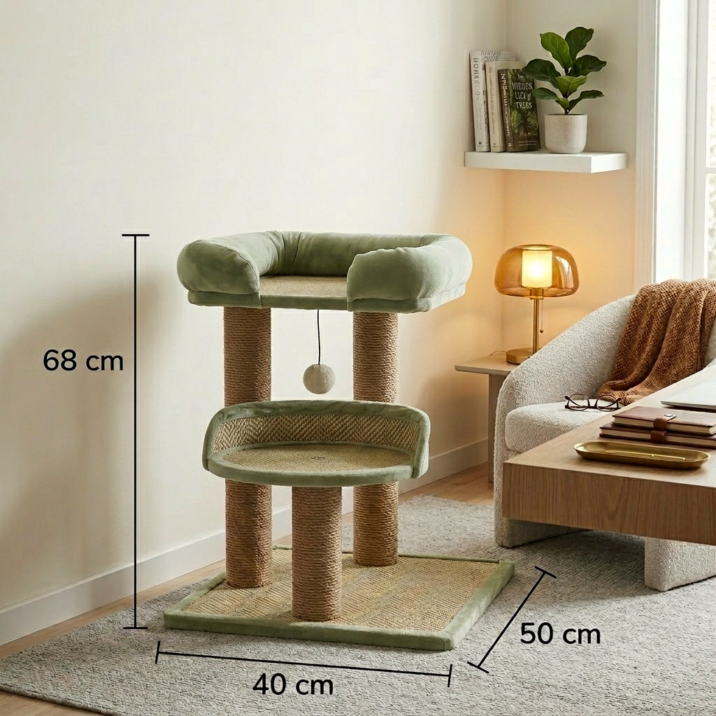 arbre à chat de luxe avec dimensions 68 cm et plateforme design en salon moderne