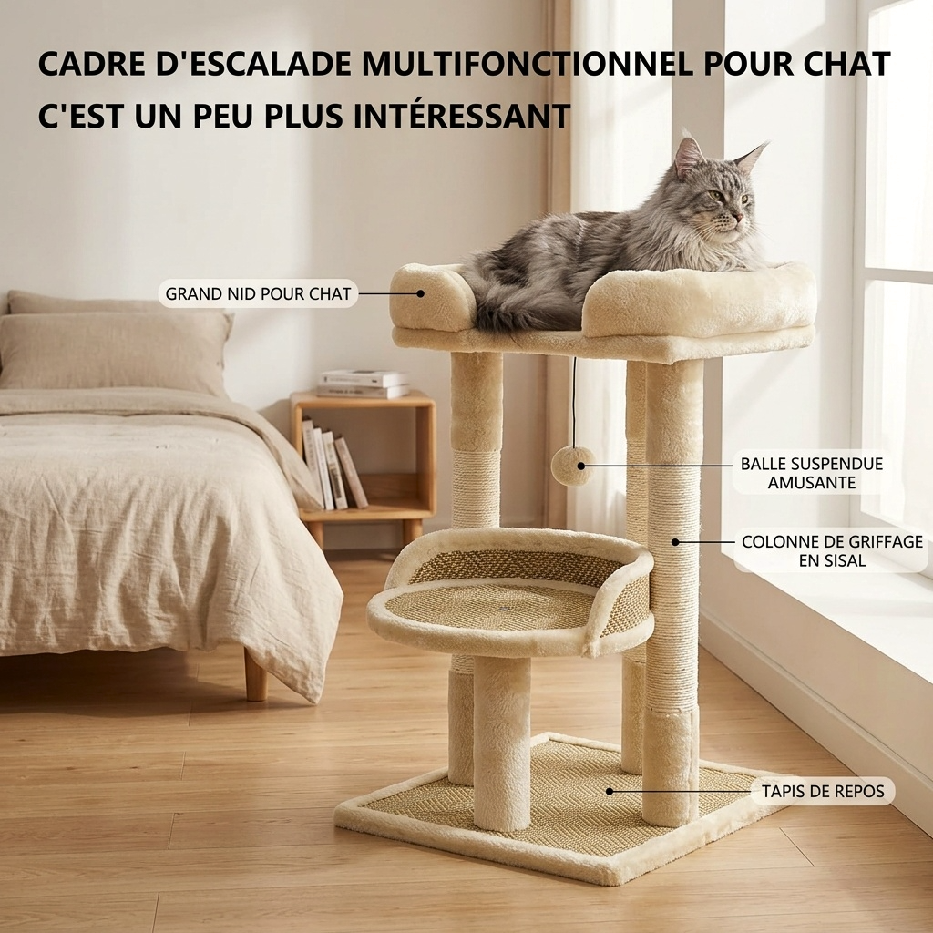 arbre à chat de luxe multifonction avec nid confortable balle suspendue et poteaux griffoir en sisal
