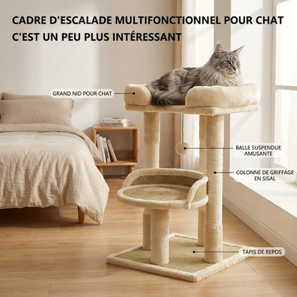 arbre à chat de luxe multifonction avec nid confortable balle suspendue et poteaux griffoir en sisal