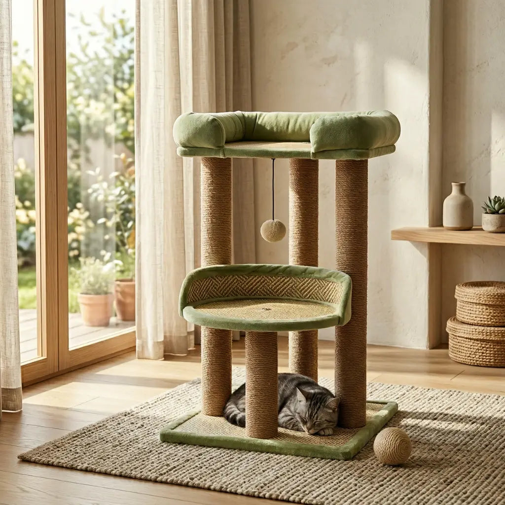 arbre à chat de luxe design avec plateformes et griffoirs en sisal dans un salon moderne
