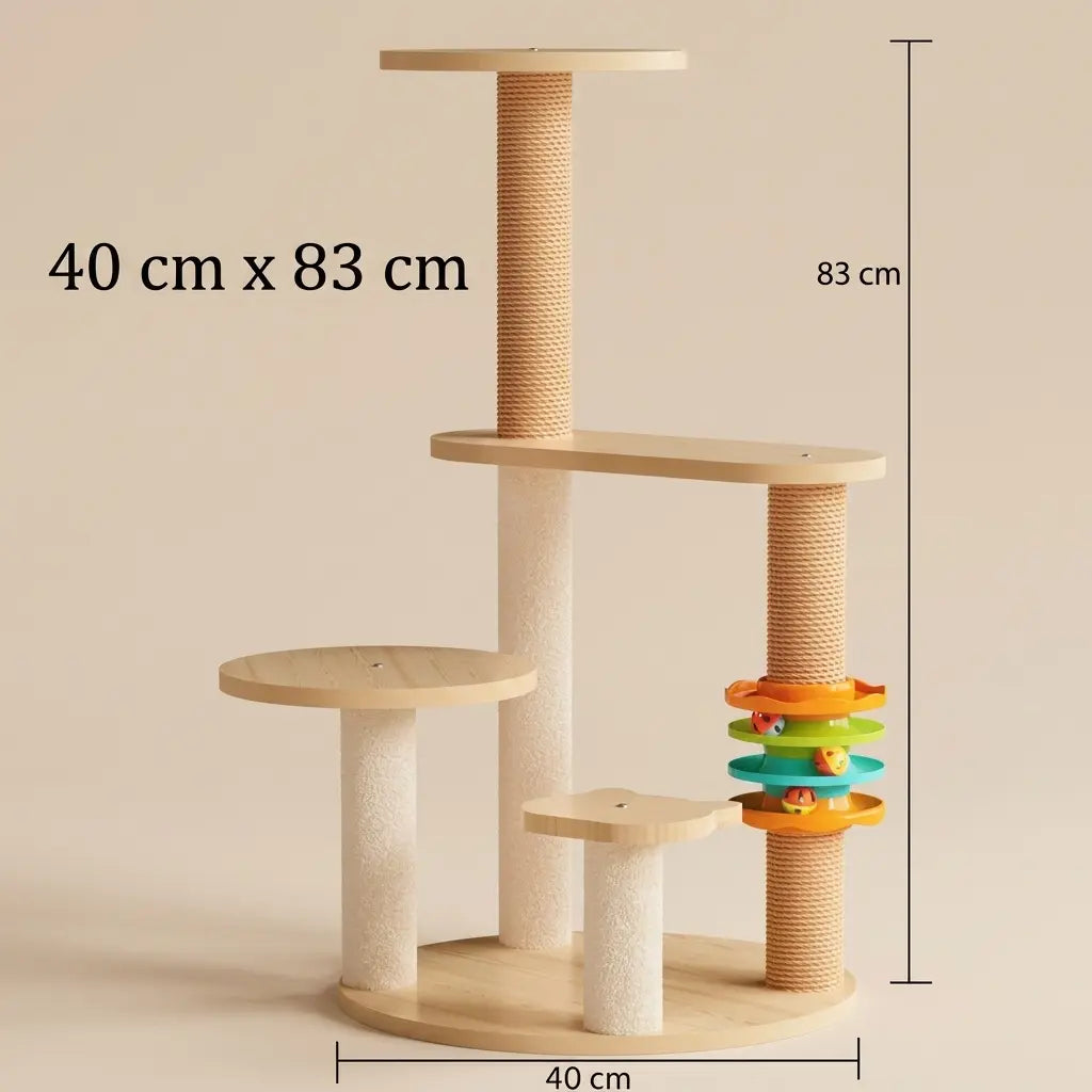 arbre à chat original compact en bois avec plateformes et griffoir en sisal hauteur 83 cm
