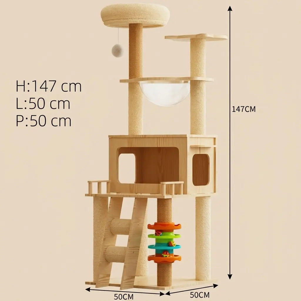 arbre à chat original avec cabane en bois échelle et plateformes pour escalade du chat