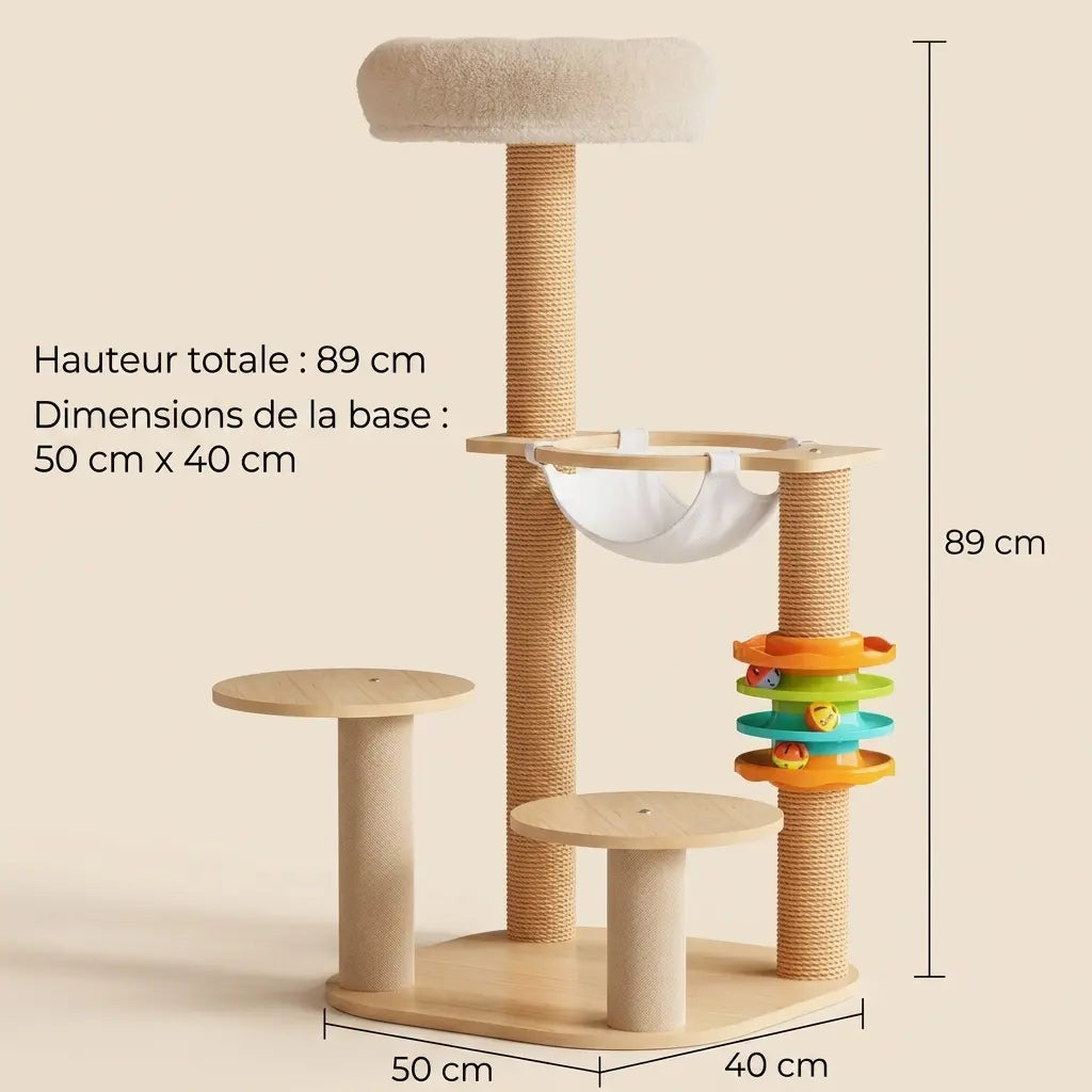 arbre à chat original compact en bois avec plateforme hamac et jouet interactif pour chat