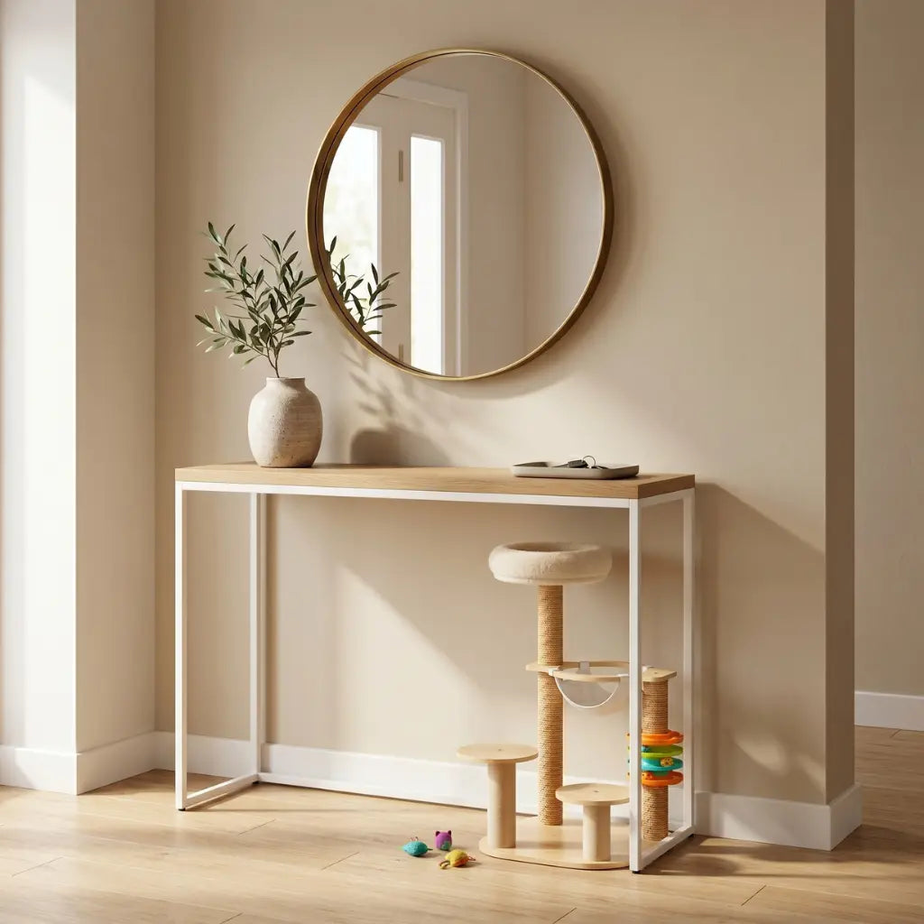 arbre à chat original design intégré dans une décoration intérieure moderne avec meuble console