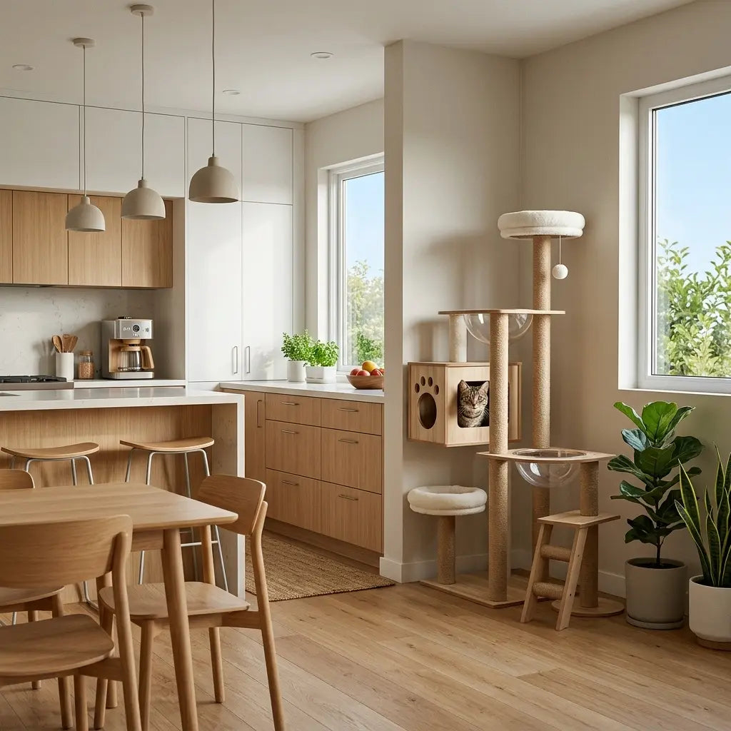arbre à chat original en bois installé dans une maison moderne avec espace de jeu et repos pour chat