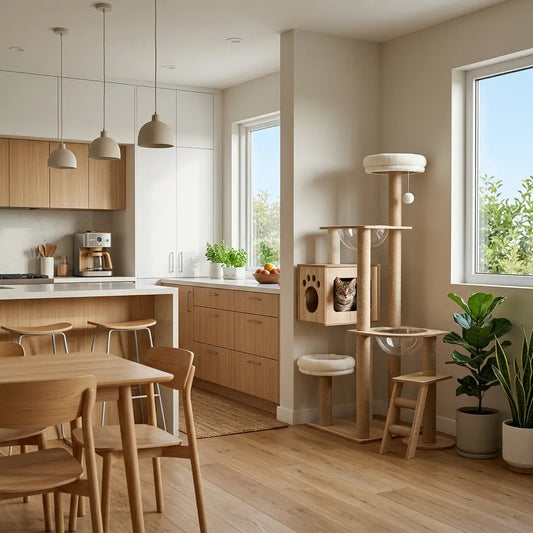 arbre à chat original en bois installé dans une maison moderne avec espace de jeu et repos pour chat
