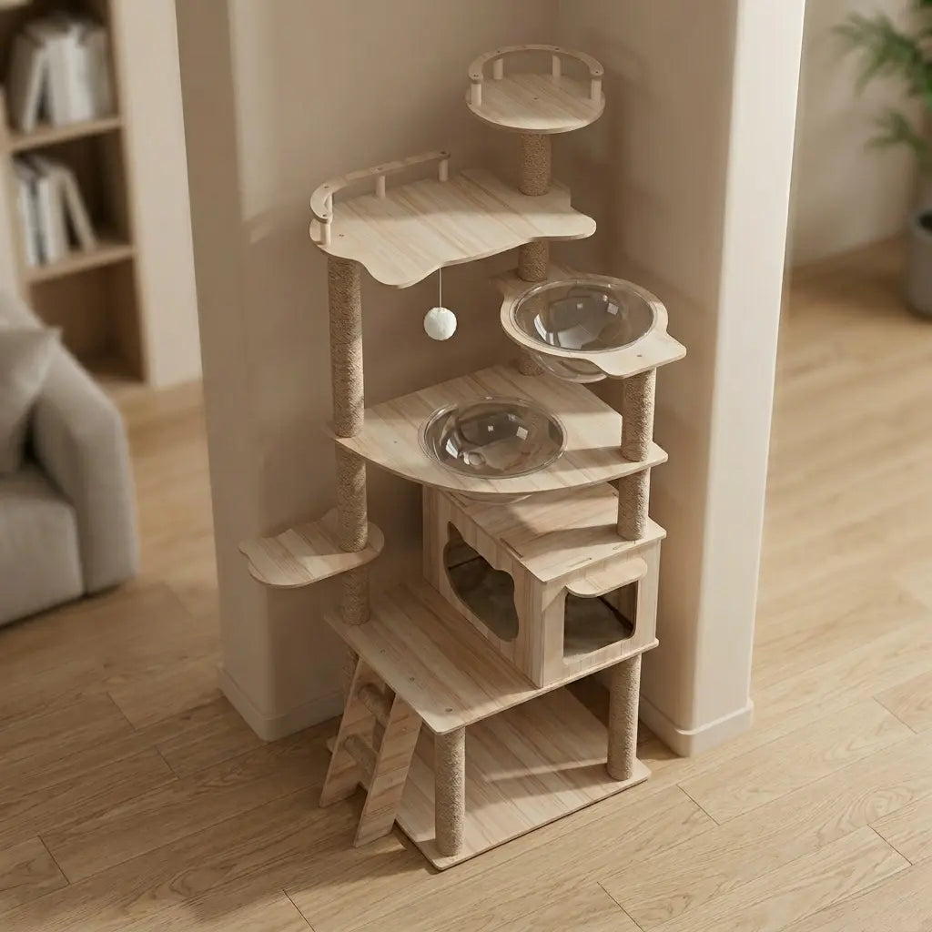arbre à chat original en bois avec structure complète plateformes bulles et poteaux en sisal