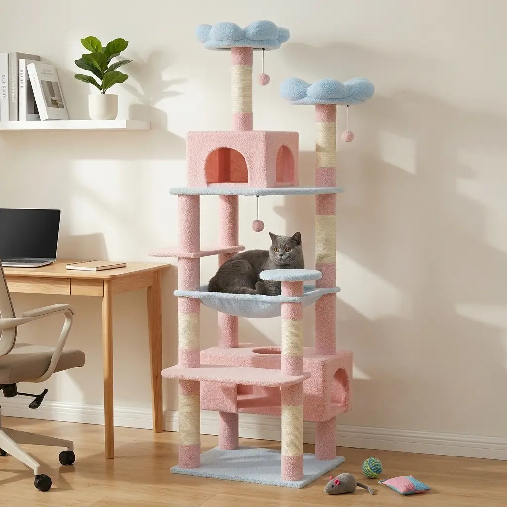 arbre à chat rose design avec chat installé sur plateforme dans un espace bureau moderne