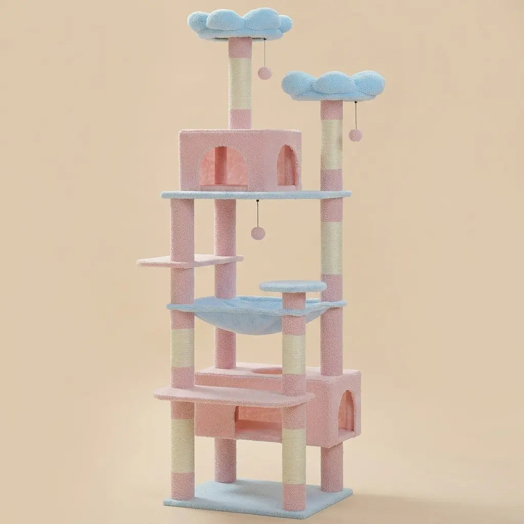 arbre à chat rose design avec niches plateformes et poteaux griffoir en sisal