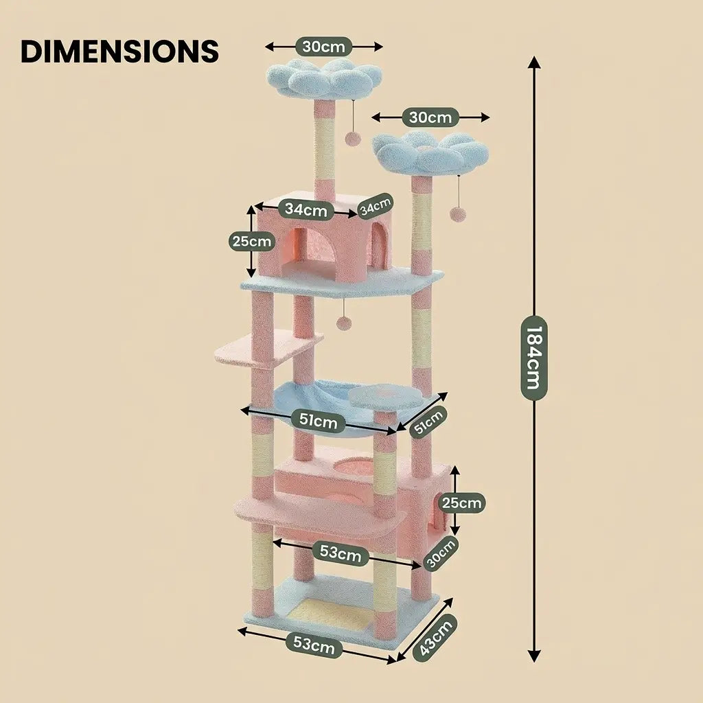 arbre à chat rose avec dimensions détaillées et plusieurs plateformes pour chat