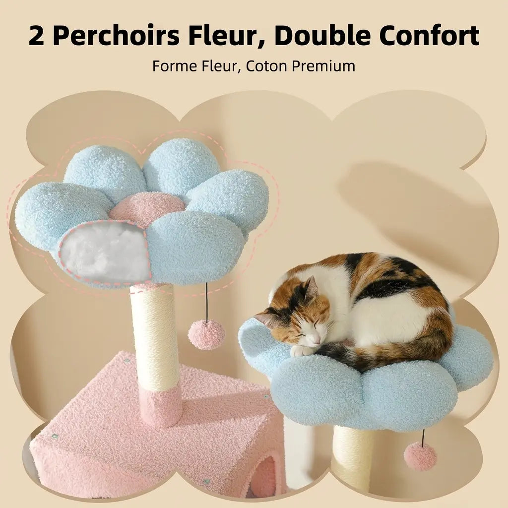 arbre à chat rose avec perchoirs en forme de fleur et chat allongé confortablement