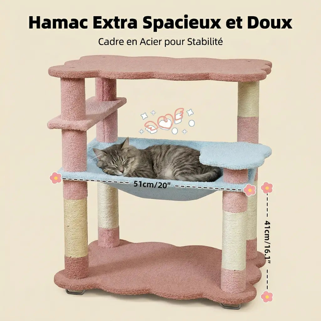 arbre à chat rose avec hamac doux et spacieux pour le repos du chat