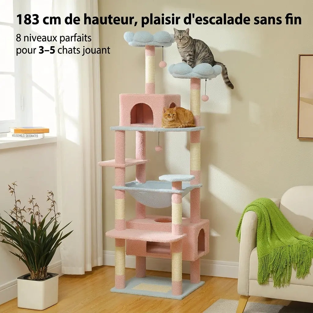 arbre à chat rose grande hauteur avec plusieurs plateformes adapté pour plusieurs chats actifs