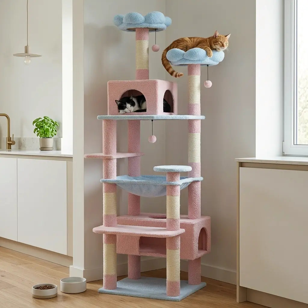 arbre à chat rose avec niches hamac et perchoirs installé dans un intérieur moderne lumineux