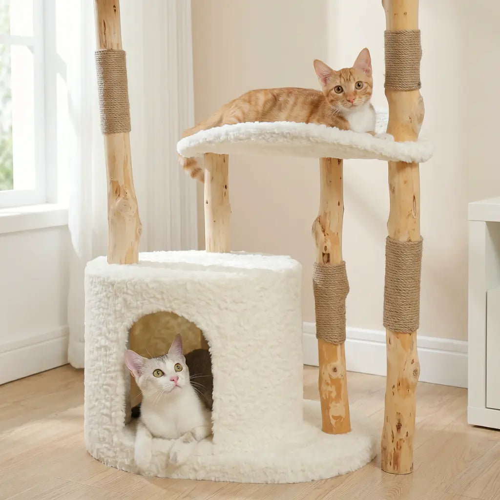 arbre à chat scandinave avec deux chats sur plateforme et niche en tissu doux