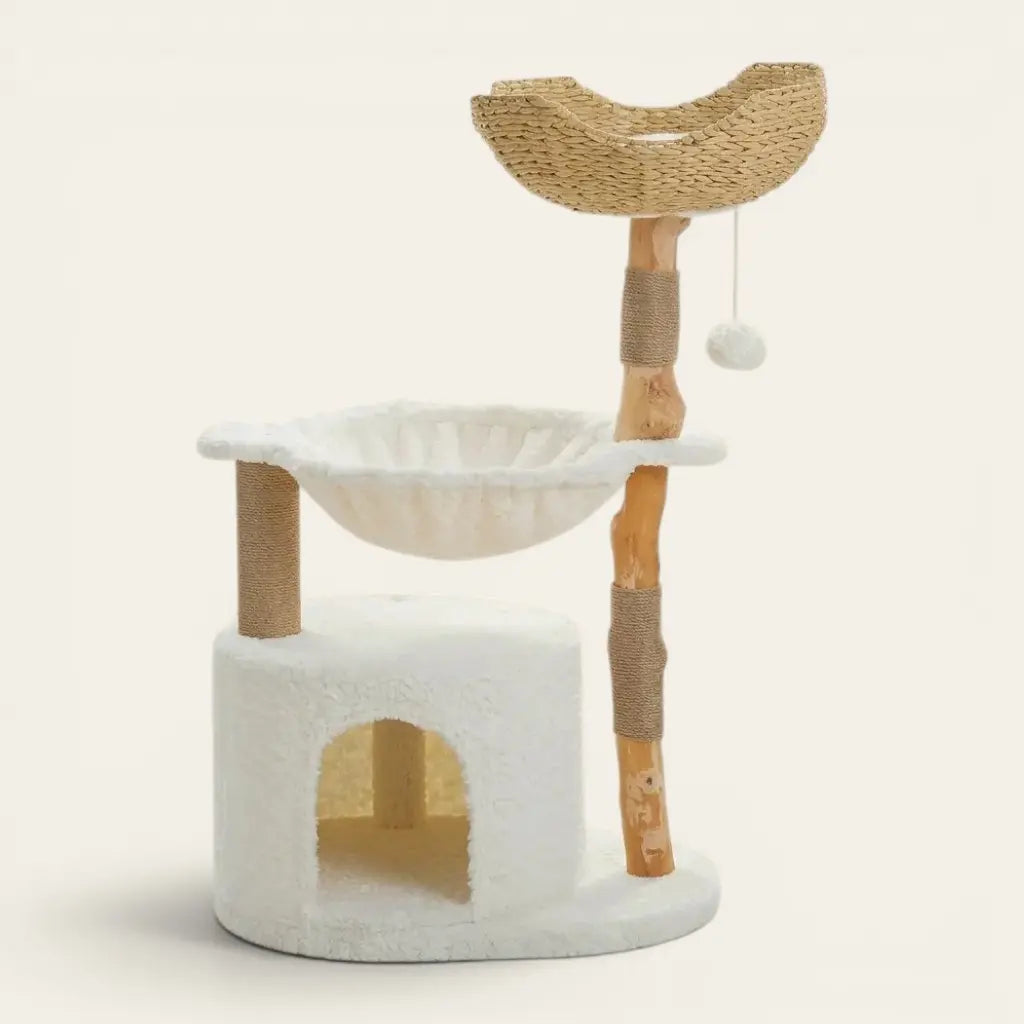 arbre à chat scandinave avec hamac doux niche et poteaux en bois naturel pour chat
