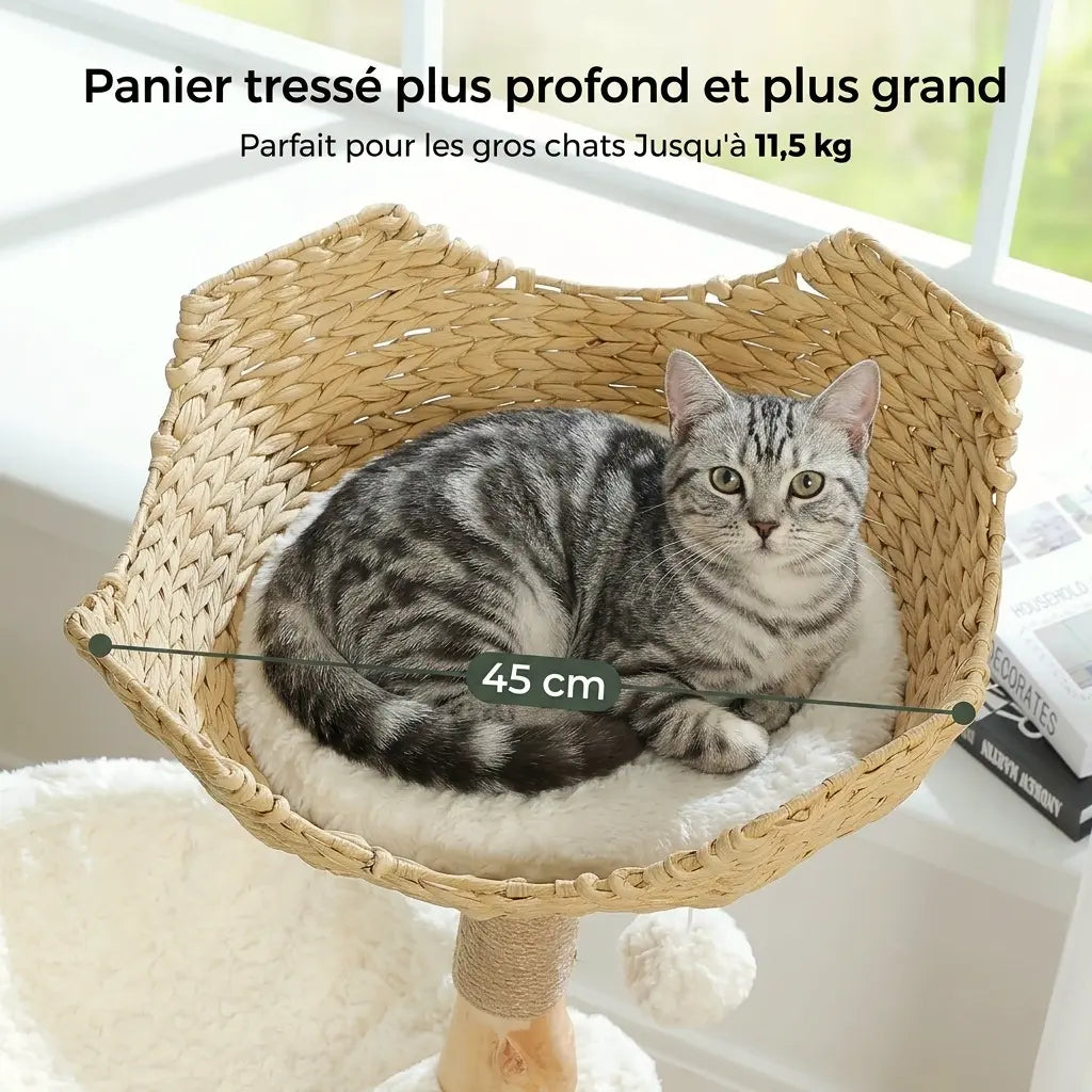 arbre à chat scandinave avec grand panier en osier adapté aux chats jusqu’à 11,5 kg
