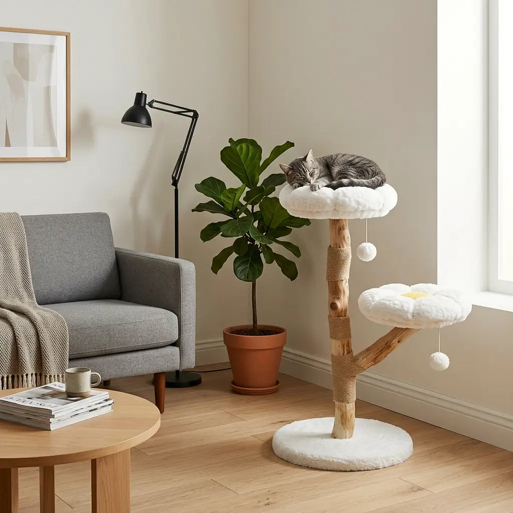 arbre à chat scandinave avec chat en repos sur plateforme douce dans un intérieur cosy