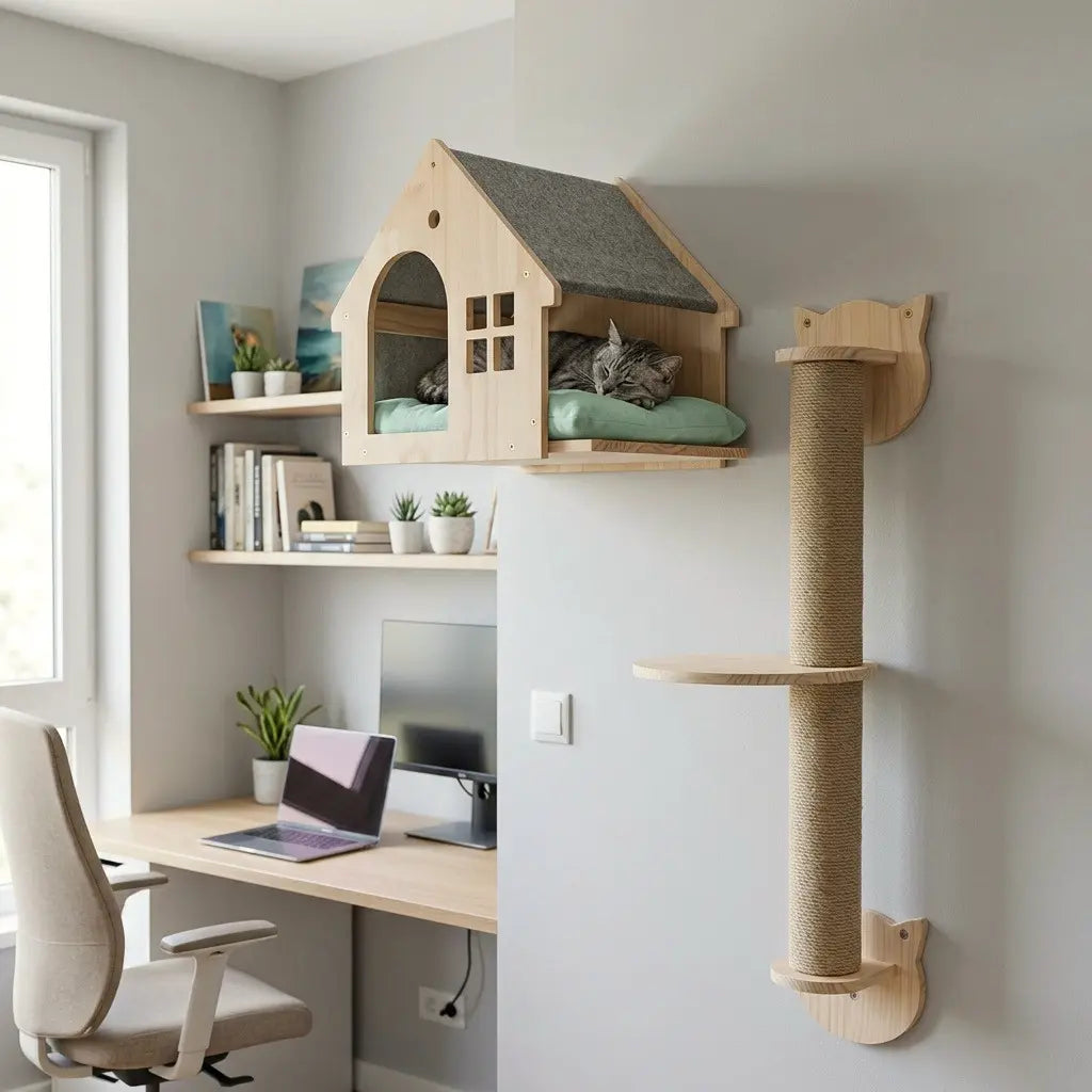 arbre à chat design mural avec niche maison en bois et poteau griffoir vertical