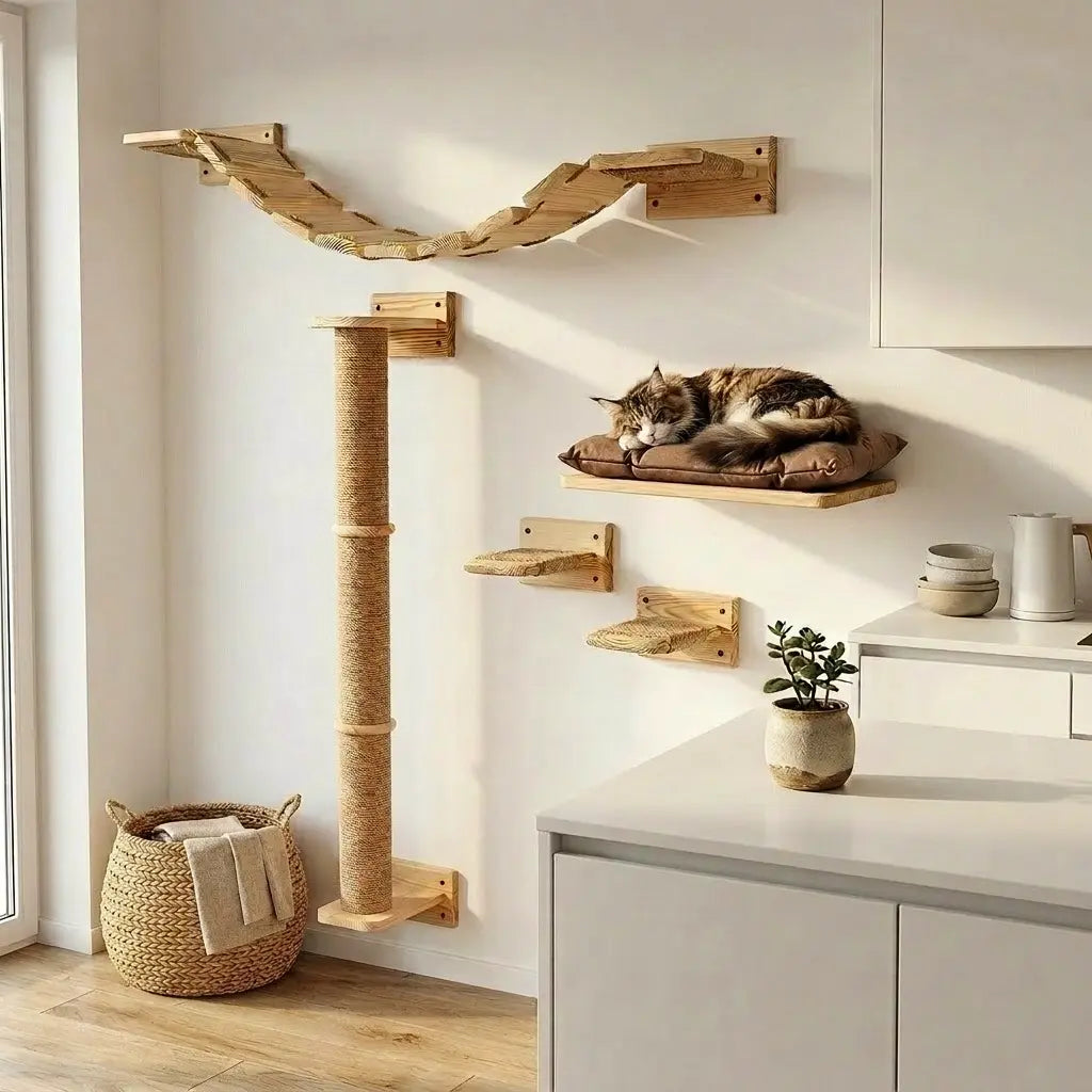 arbre à chat mural maine coon plateforme murale ronde en bois naturel design minimaliste