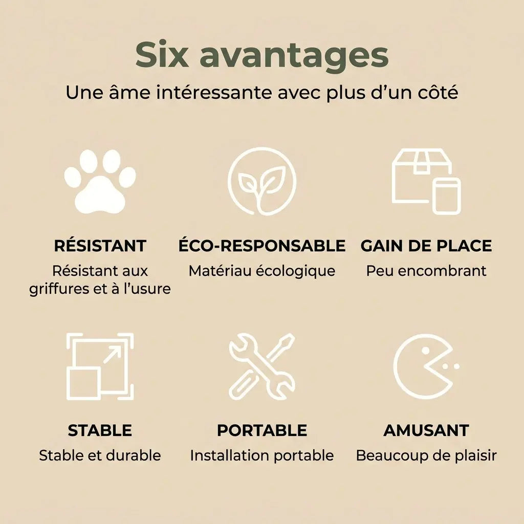 Avantages de l’arbre à chat griffoir palmier : résistant, écologique, peu encombrant, stable, portable et ludique pour chat.