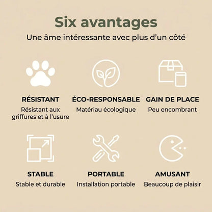 Avantages de l’arbre à chat griffoir palmier : résistant, écologique, peu encombrant, stable, portable et ludique pour chat.