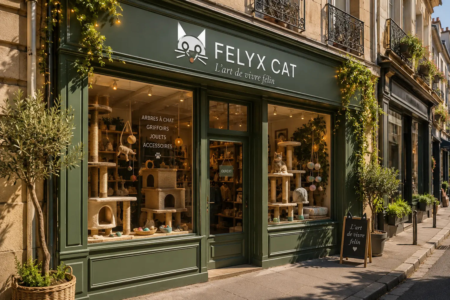Façade de la boutique Felyxcat avec arbres à chat design, griffoirs modernes et accessoires pour le bien-être des chats