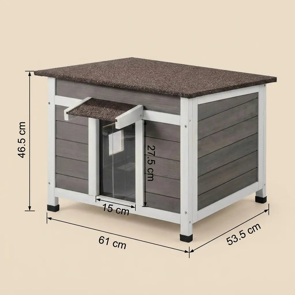 Cabane chat extérieur toute saison avec rideau de porte transparent et protection contre le froid et la pluie.