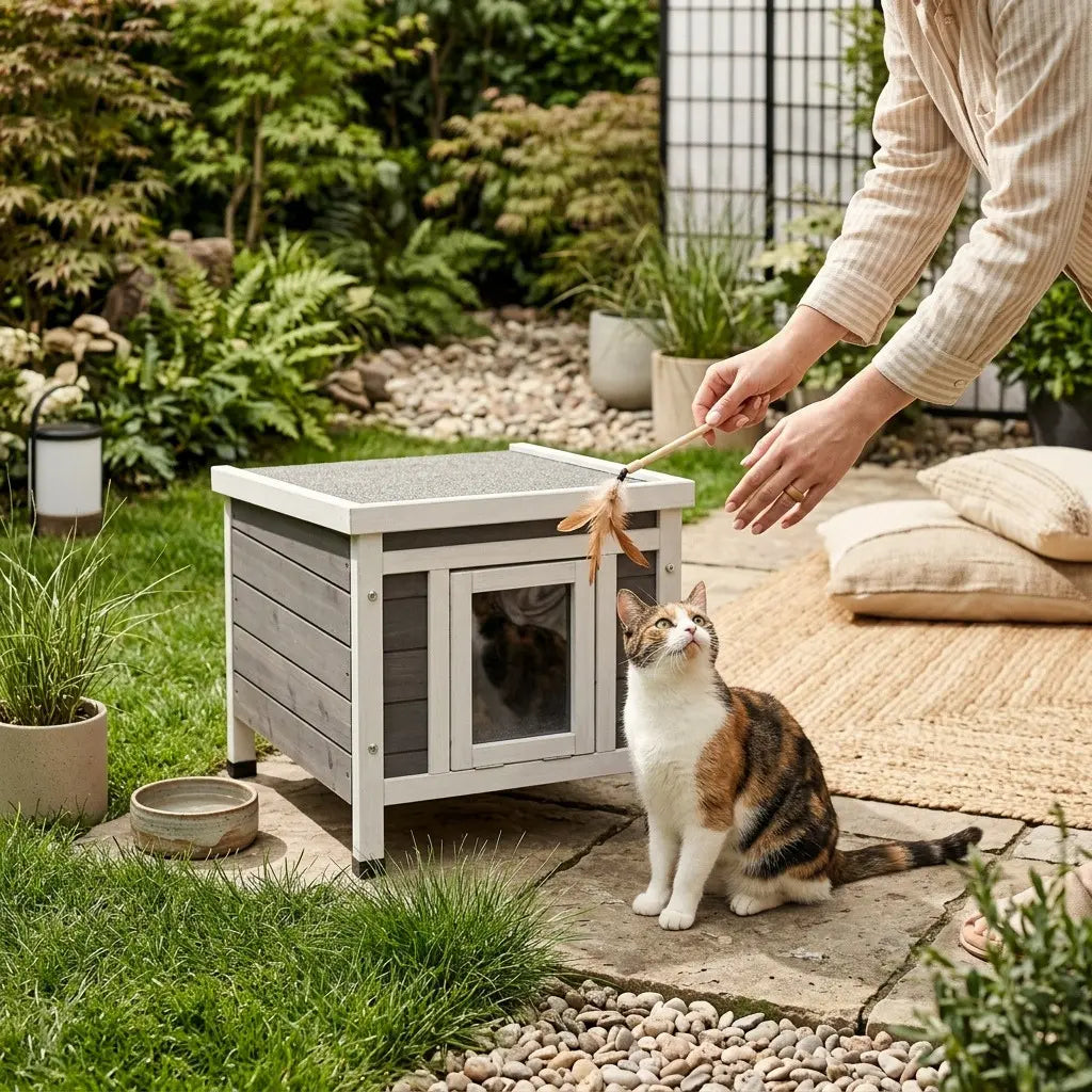 Cabane pour chat de jardin extérieur avec porte transparente et espace confortable toute saison.