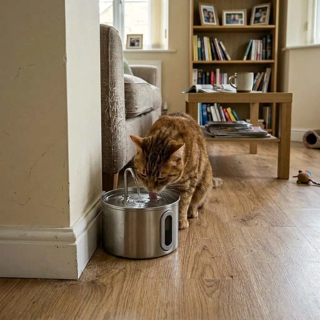 Chat buvant dans une fontaine à eau en inox ultra silencieuse pour une hydratation quotidienne